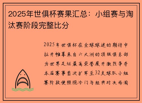 2025年世俱杯赛果汇总：小组赛与淘汰赛阶段完整比分